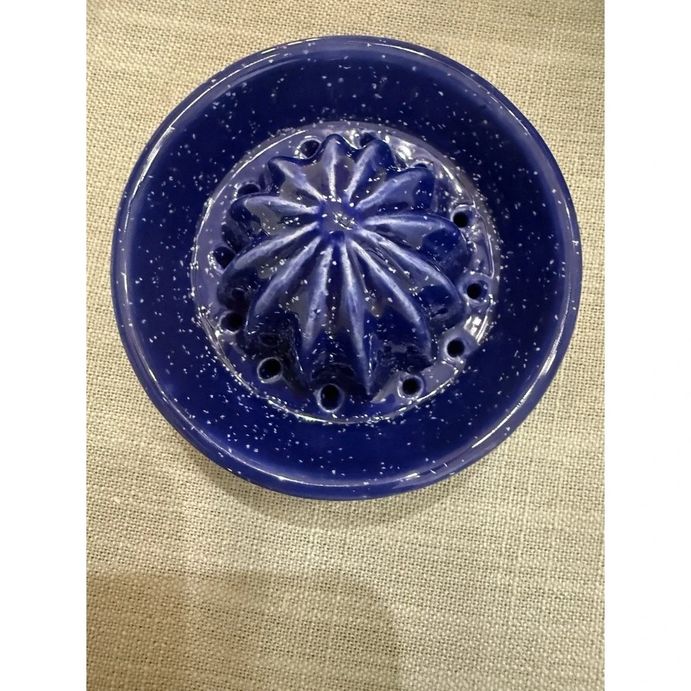 Vintage Rare Blue And White Speckled Ceramic Juicer And Small Pitcher
